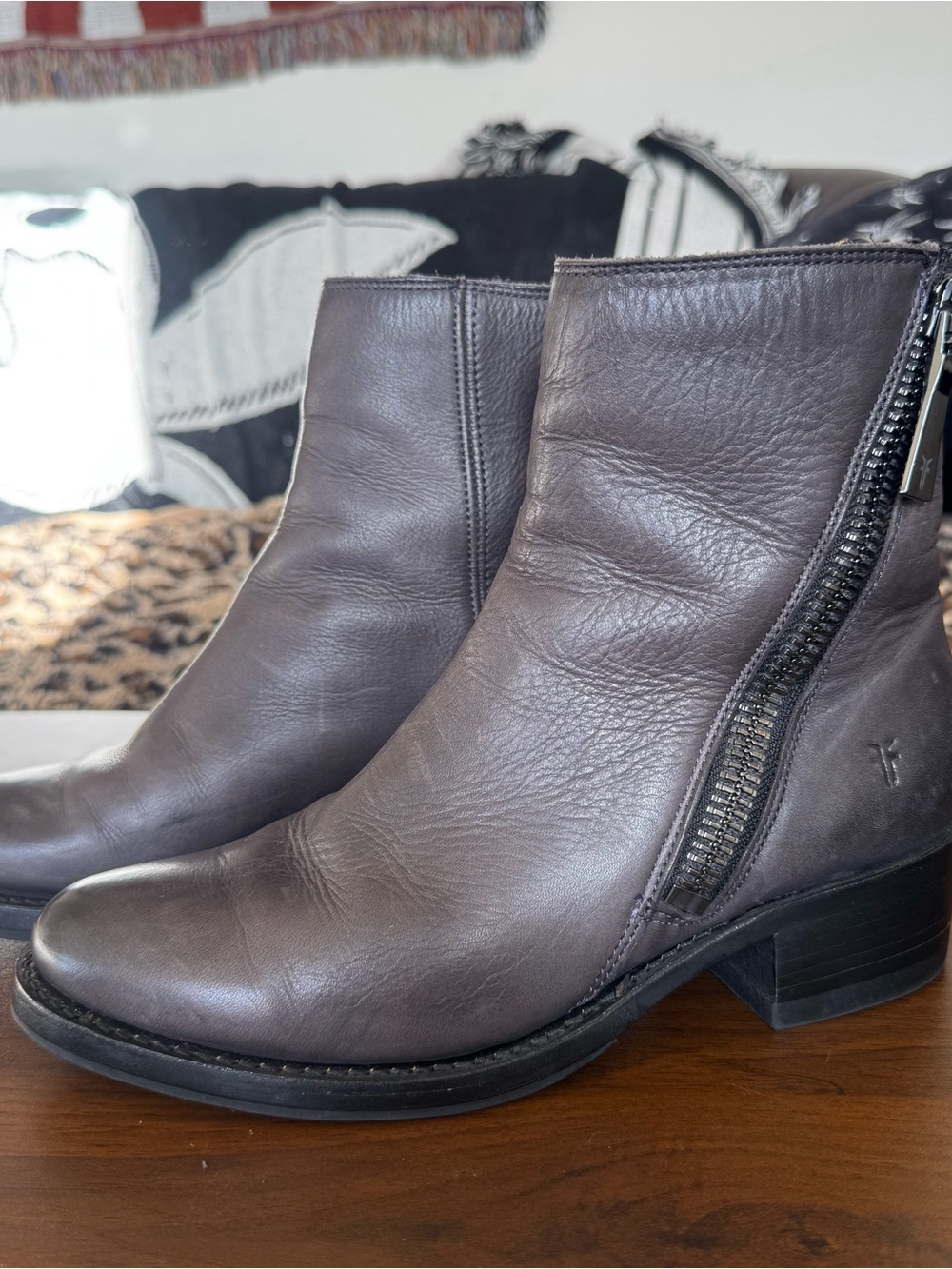 Frye Demi Gray Leather Ankle Zip Booties